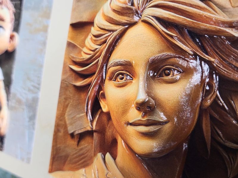 Zu sehen ist ein mit dem eufyMake E1 UV-Drucker gedrucktes Frauengesicht in 3D-Optik