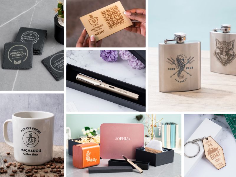 Zu sehen ist eine Bildercollage mit 7 Bilder auf denen gelaserte Webegeschenke zu sehen sind.