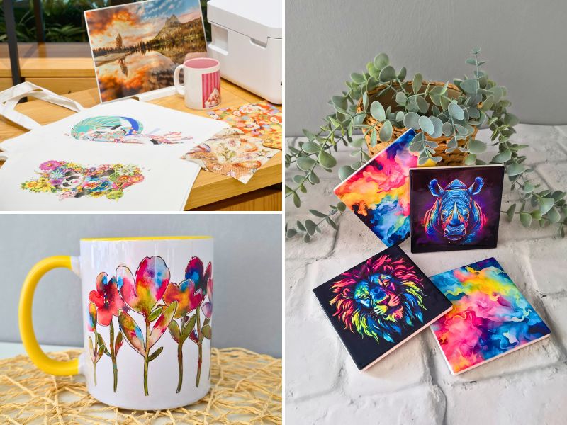 Zu sehen ist eine Bildercollage mit 3 Bilder auf denen sublimierte Produkte zu sehen sind.