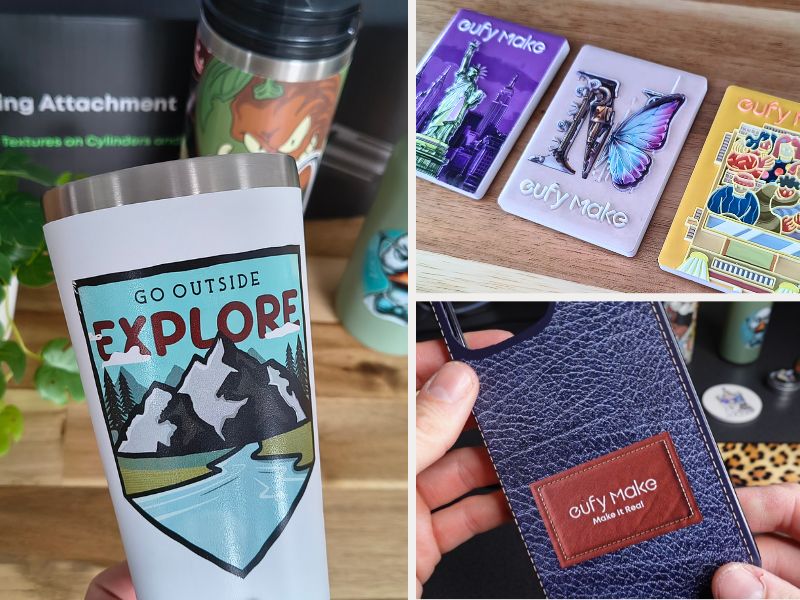 Zu sehen ist eine Bildercollage mit 3 Bilder auf denen mit dem eufyMake E1 bedruckte Webegeschenke zu sehen sind.