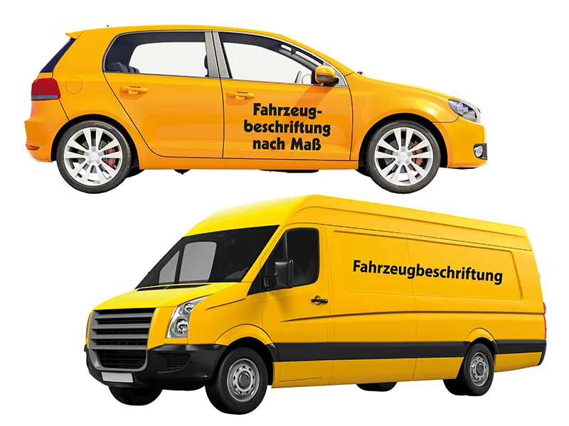 Zwei Autos mit einem Beispiel als Fahrzeugbeschriftung.