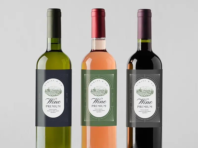 Drei verschiedene Weinsorten sind mit Aufklebern versehen.